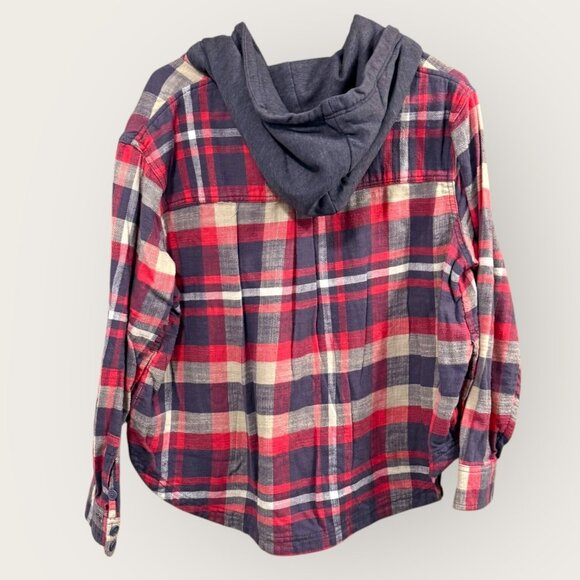 American Eagle Red Gray Plaid Hooded Quarter Button Flannel Shirt Size M - Picture 3 of 4